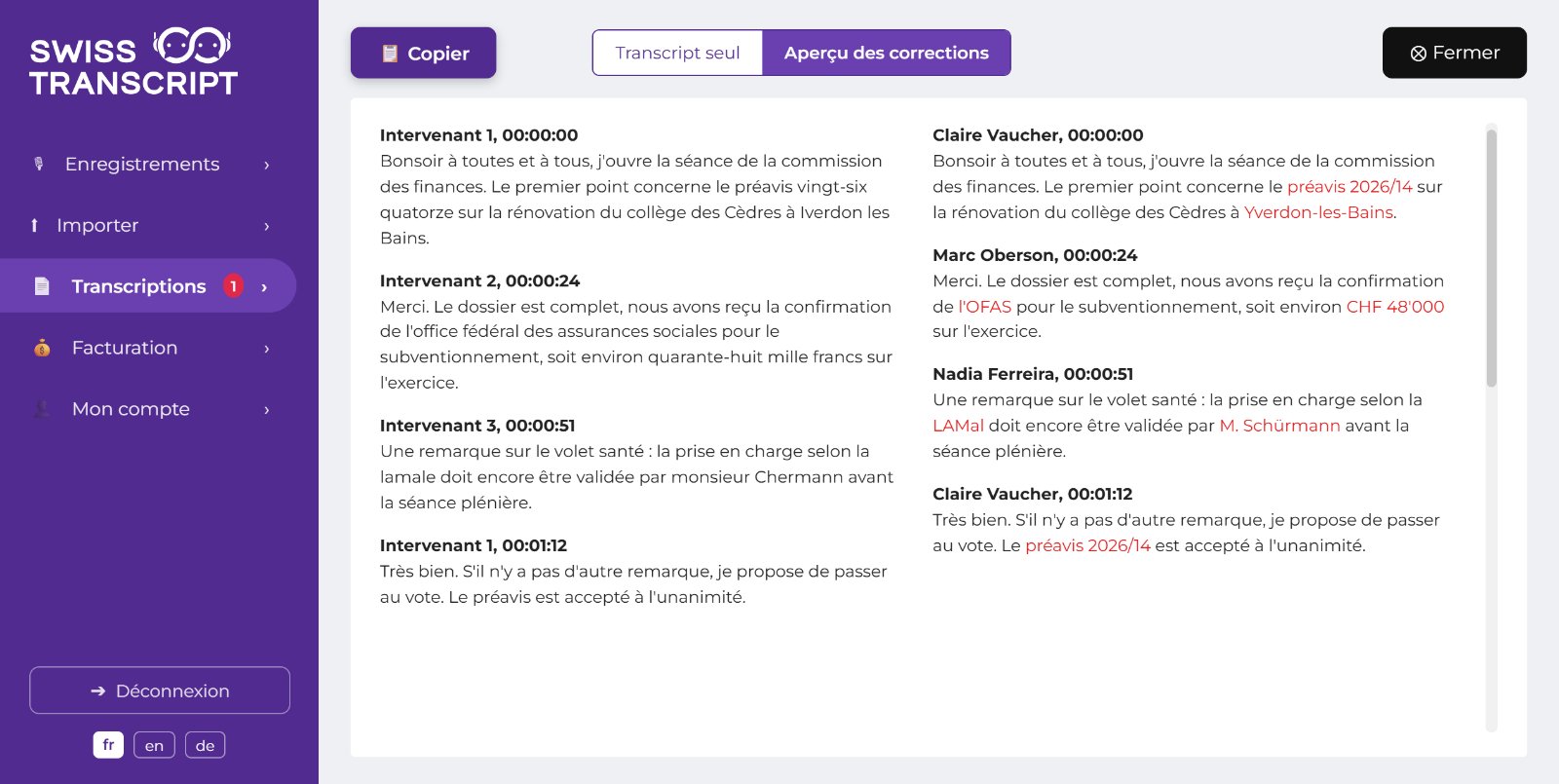Écran Swiss Transcript en français : aperçu des corrections de la transcription enrichie, noms des intervenants, acronymes et montants corrigés en rouge