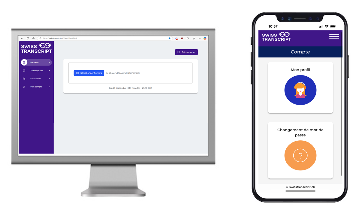 Interface de téléchargement sécurisé SwissTranscript pour fichiers audio et vidéo